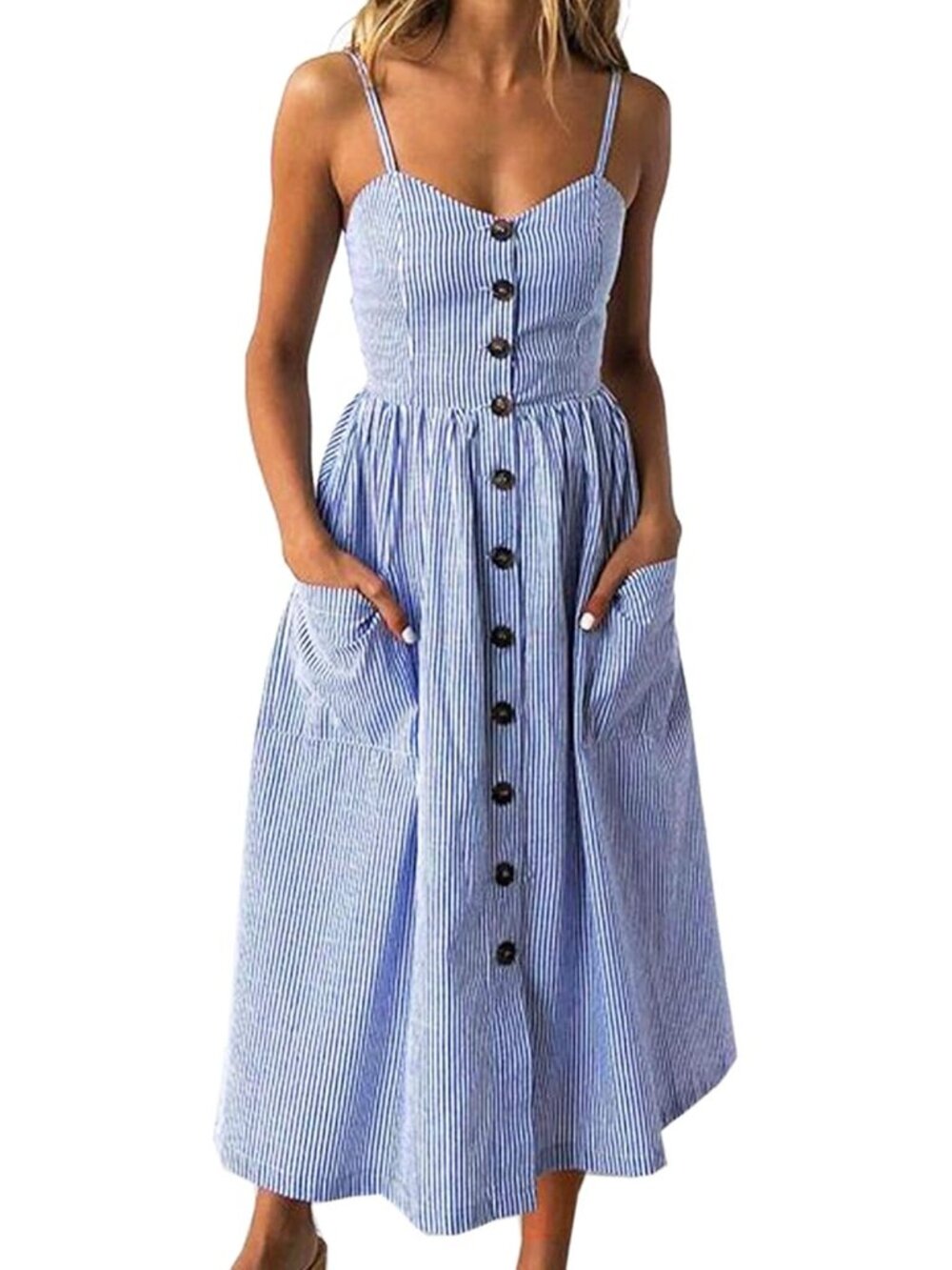 Women's Dresses-Summer Floral Bohemian Spaghetti Strap Button Down Swing Midi Dr - Picture 6 of 7